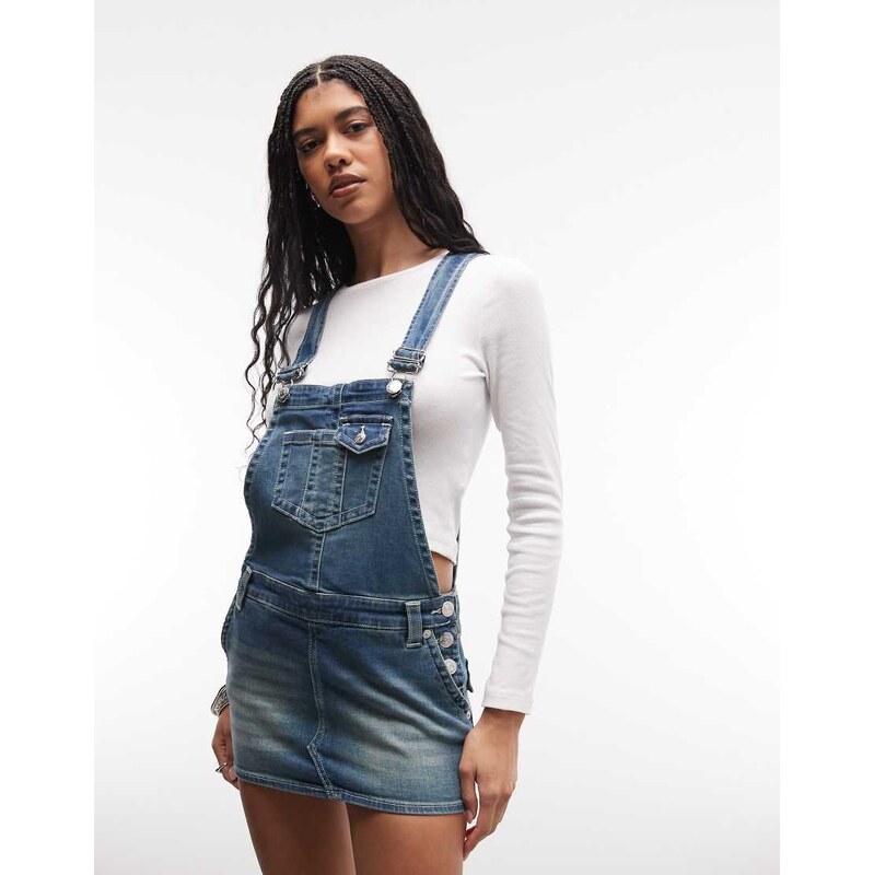 True Religion denim overall mini dress in medium wash blue