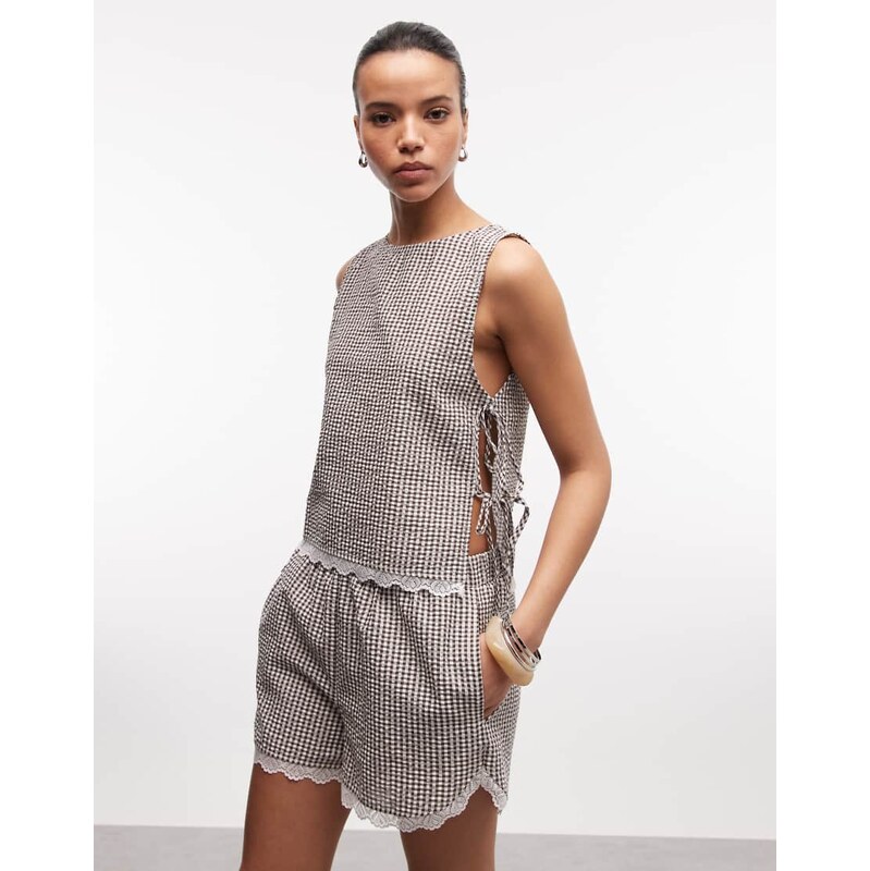 Noisy May seersucker tie side top co-ord with lace trim in chocolate 114082653
