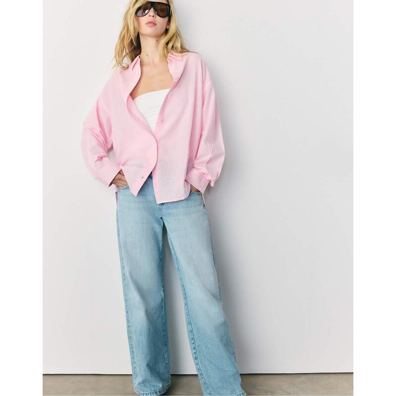Stradivarius Flowing shirt with linen in pastel pink