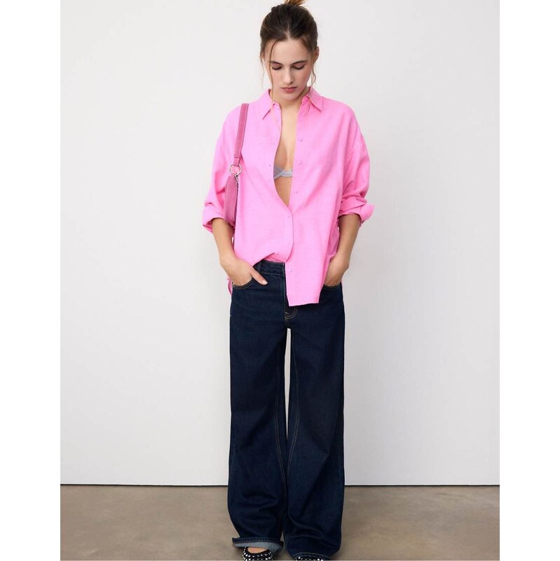Stradivarius Flowing shirt with linen in pastel pink 114082719
