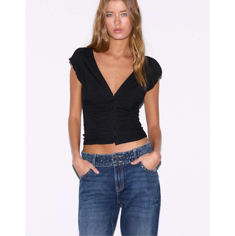 Stradivarius Gathered short sleeve shirt in black 114082724