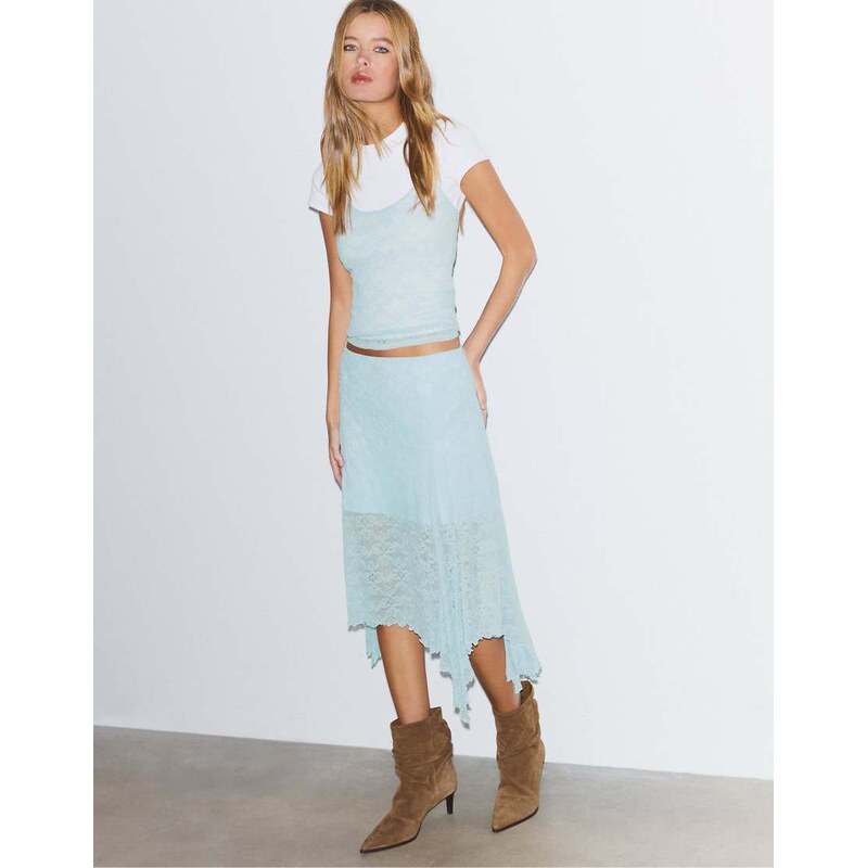 Stradivarius Lace midi skirt in sky blue 114082737