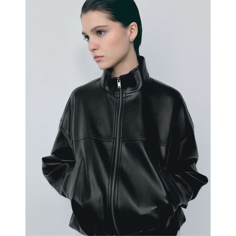 Stradivarius Leather effect balloon jacket with belt in black 114082750