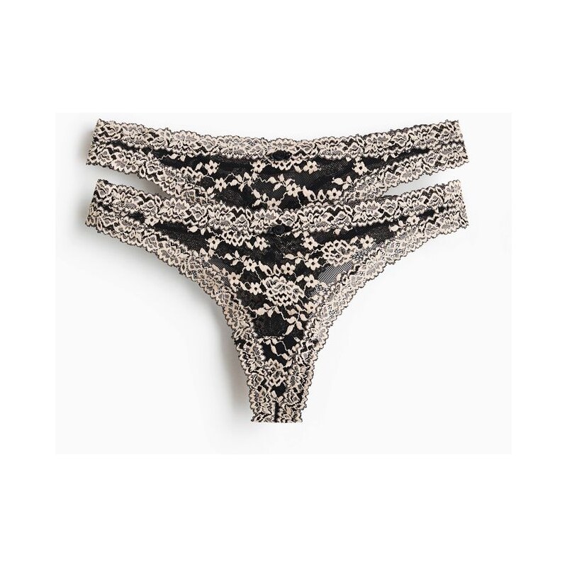 H&M - Krajkové kalhotky thong 2 kusy - černá 114085402