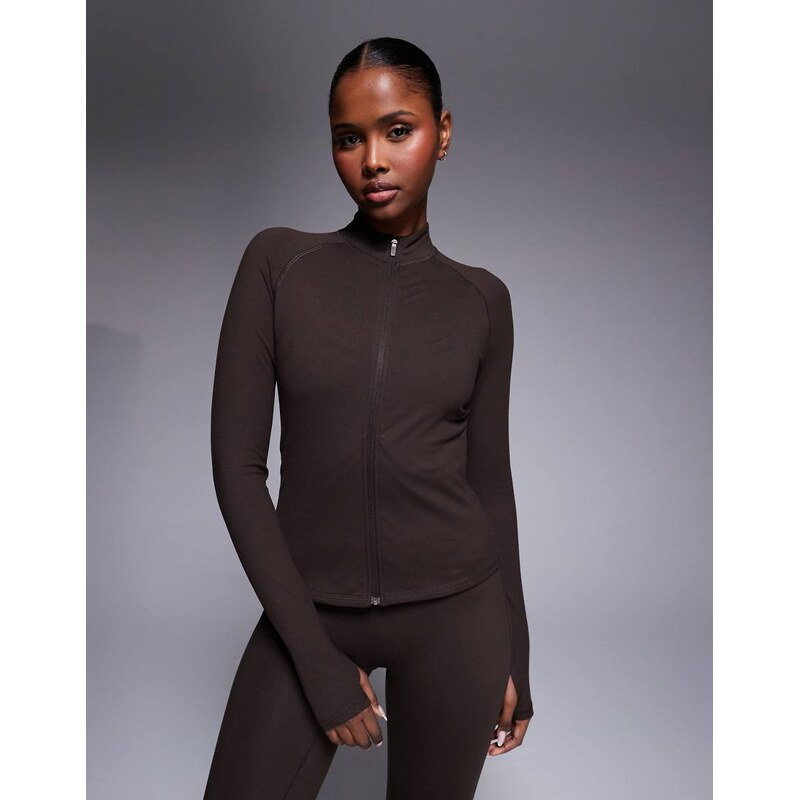 4505 Icon soft touch zip up studio long sleeve top in chocolate
