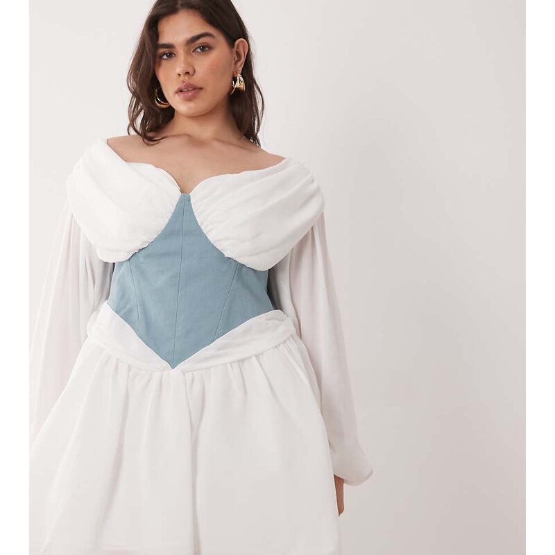 ASOS LUXE Curve off shoulder white tulle mini dress with corset waist 114088934
