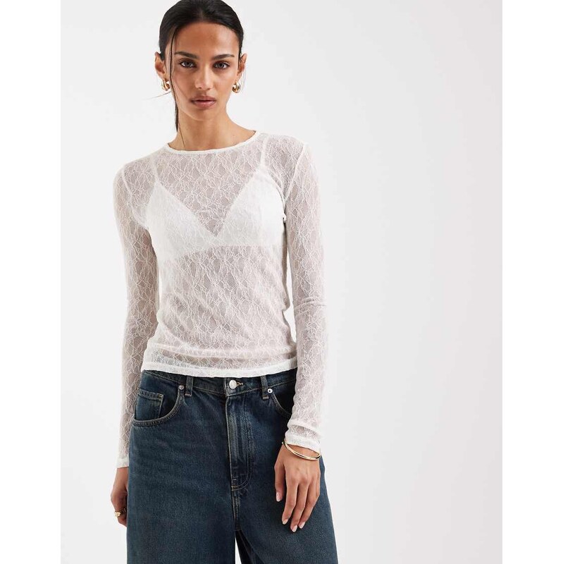 AWARE long sleeve round neck sheer lace top in white 114930138