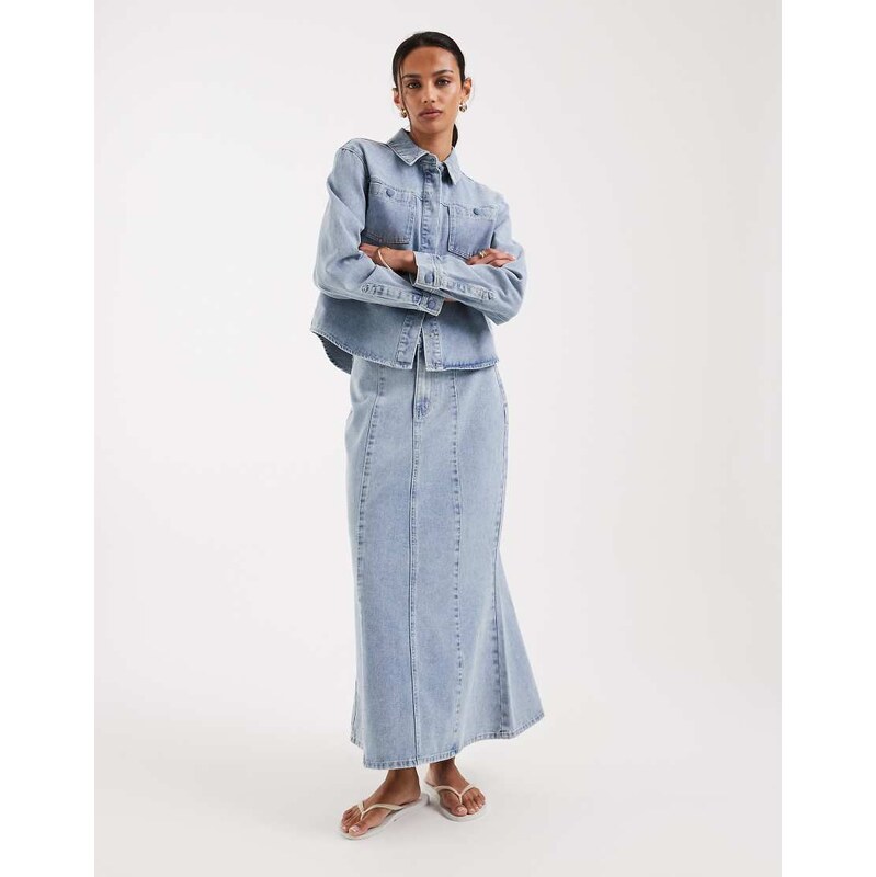 AWARE seam front ankle length skirt in light blue denim