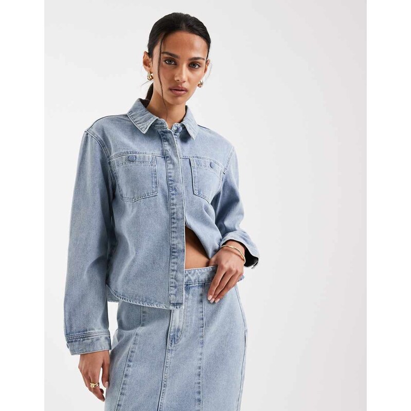 AWARE button up denim overshirt with pockets in light blue denim 114089035