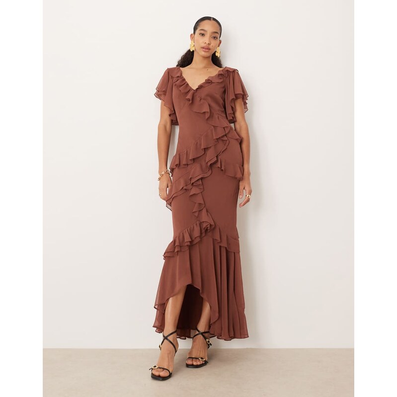ASOS DESIGN raw edge asymmetric ruffle maxi dress with high low
