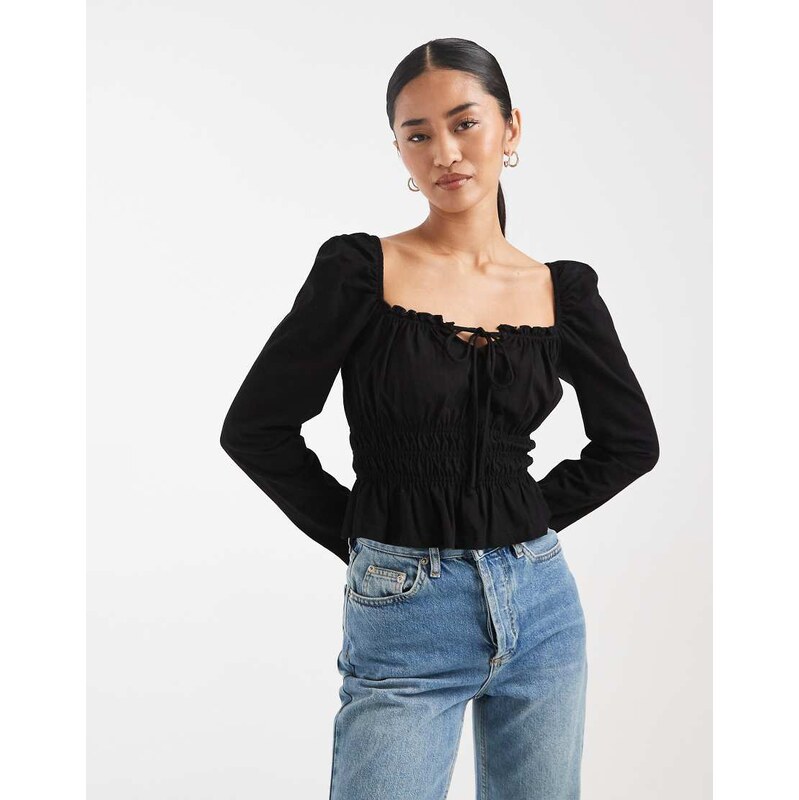 Miss Selfridge long sleeve milkmaid top in black