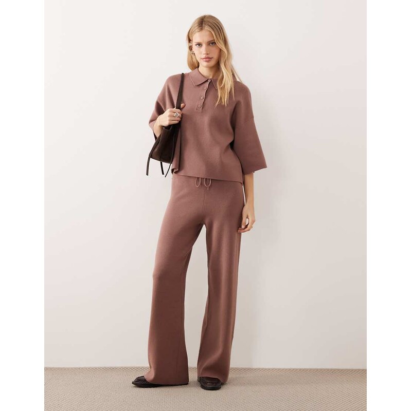 ASOS DESIGN boxy knitted polo co-ord in mocha-Brown