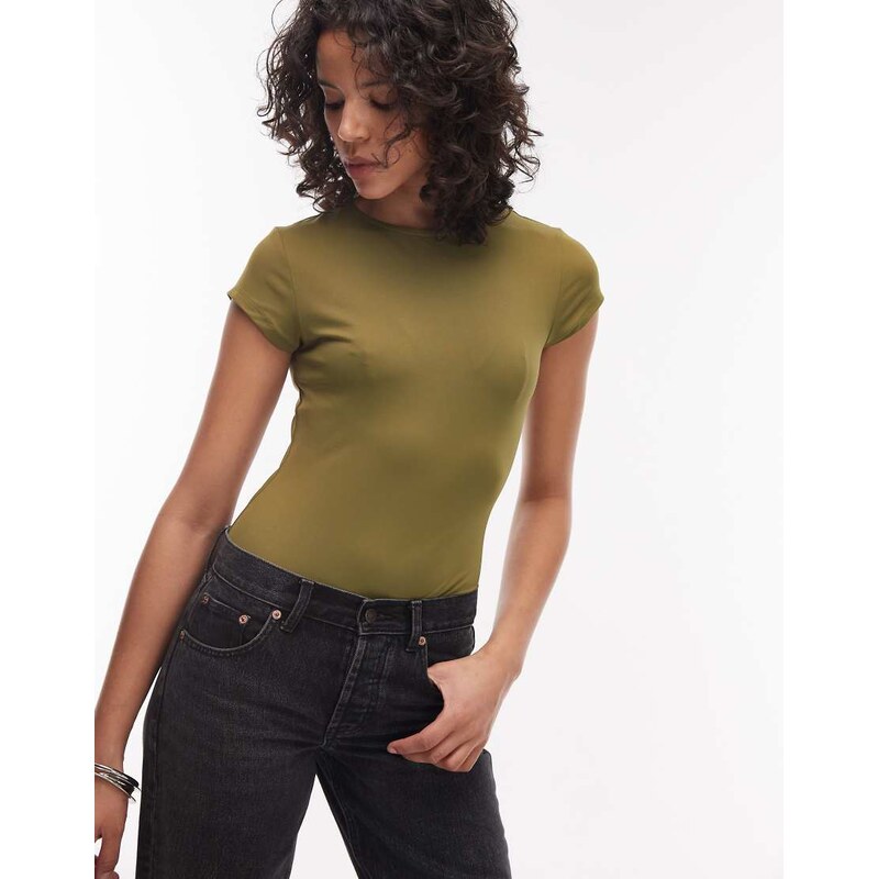 ASOS DESIGN polyamide slinky short sleeve bodysuit in khaki