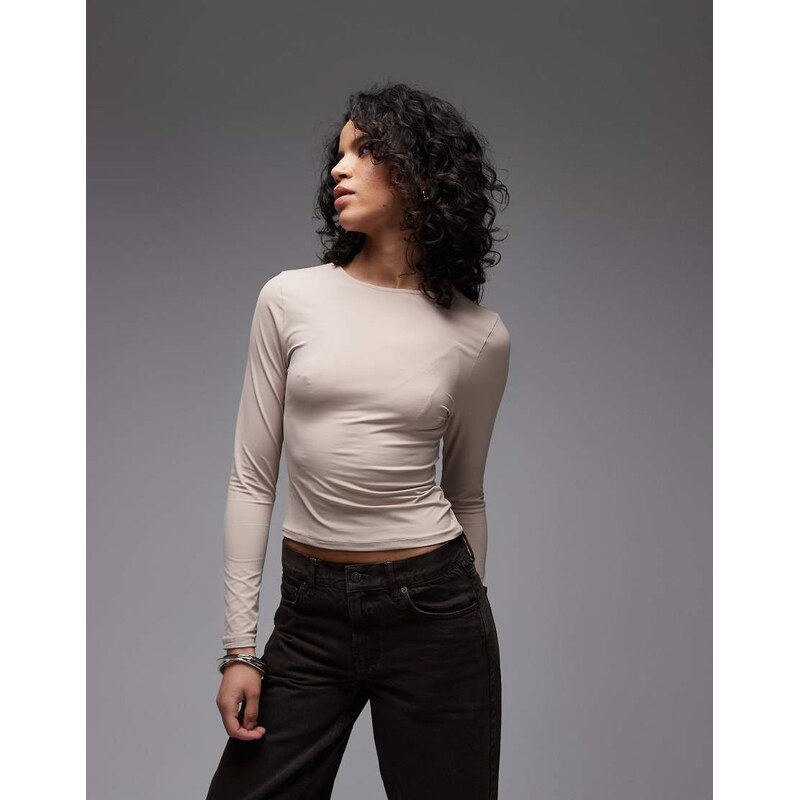 ASOS DESIGN polyamide slinky long sleeve top in stone-Brown