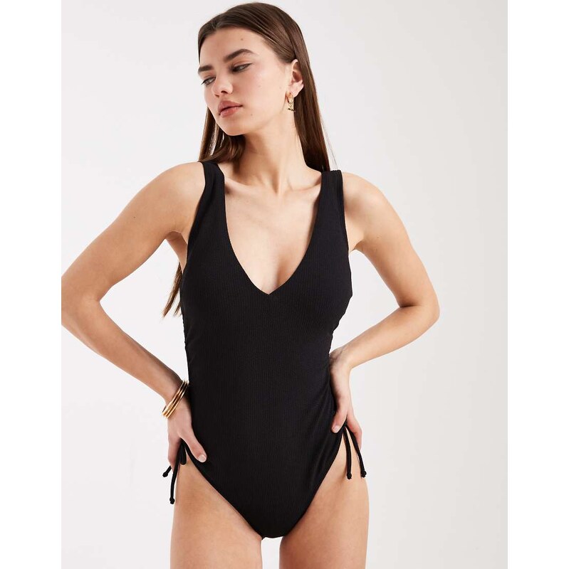 New Look ruched side swimsuit in black