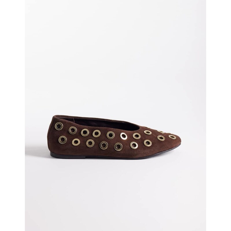 ASOS DESIGN Lock premium eyelet detail round toe ballets in chocolate 114088946