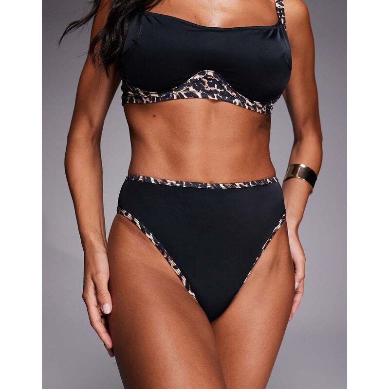 Wolf & Whistle high waist bikini bottom with leopard contrast