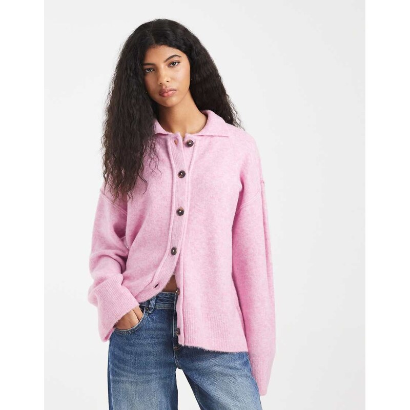 ASOS DESIGN knitted collar shirt cardigan with seam detail in pink