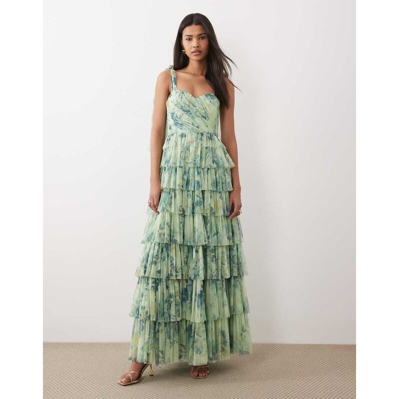 Lace & Beads Bridesmaid bow shoulder tulle maxi dress in sage