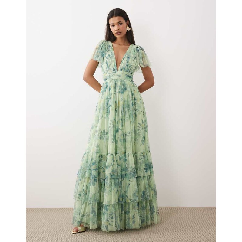 Lace & Beads flutter sleeve maxi dress in sage green print