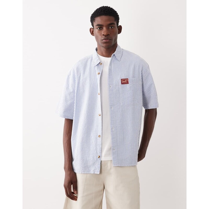 ASOS DESIGN oversized stripe shirt with badge in blue-Grey