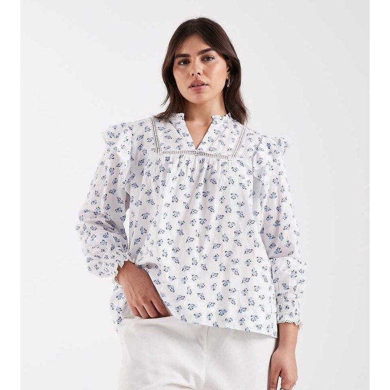 ONLY Curve frill detail floral print top in light blue