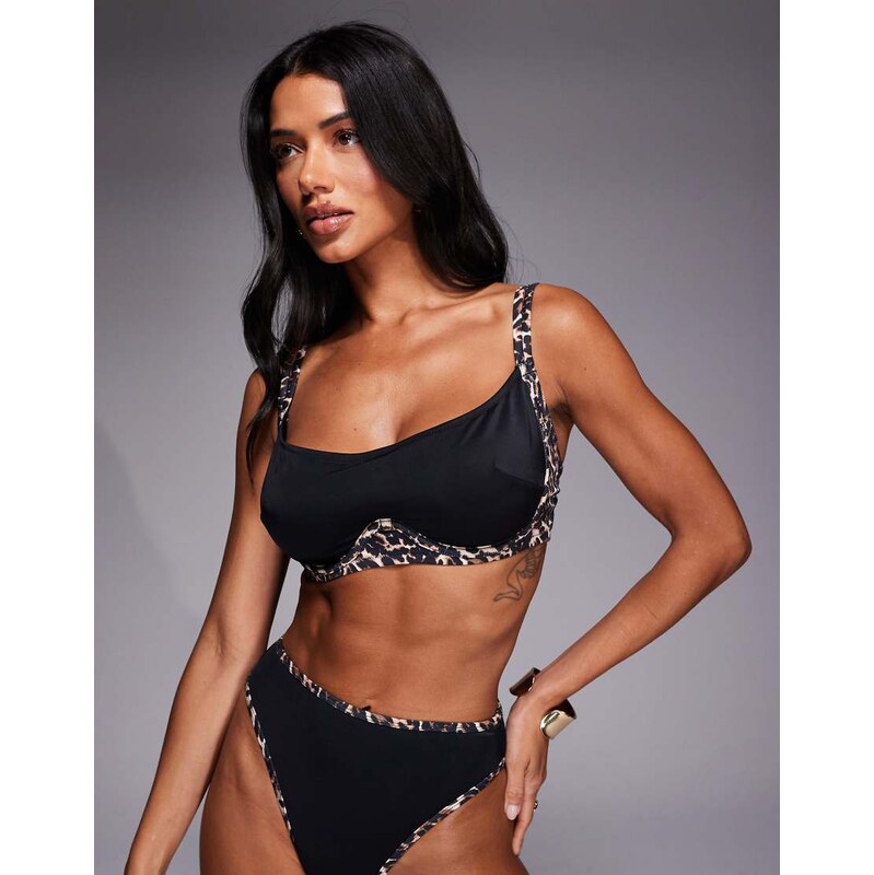 Wolf & Whistle hidden underwire bikini top with leopard contrast