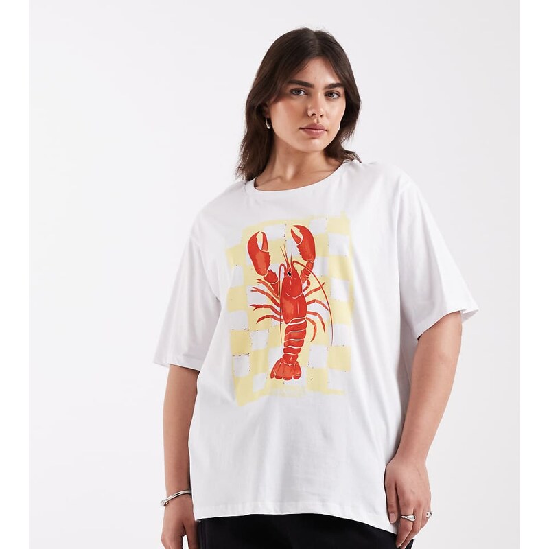 ONLY Curve oversize t-shirt with lobster print in white