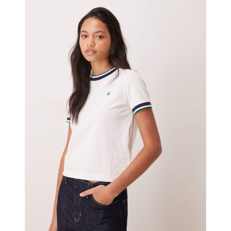 Calvin Klein Jeans stripe trim monogram t-shirt in white