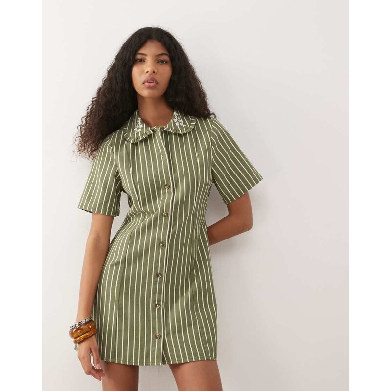 Reclaimed Vintage denim shirt dress with embroidered collar in green 114147116