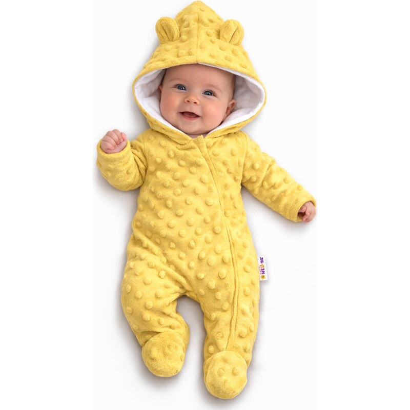 Baby Nellys Kombinézka/overálek MINKY s kapucí a oušky - žlutá 99060575
