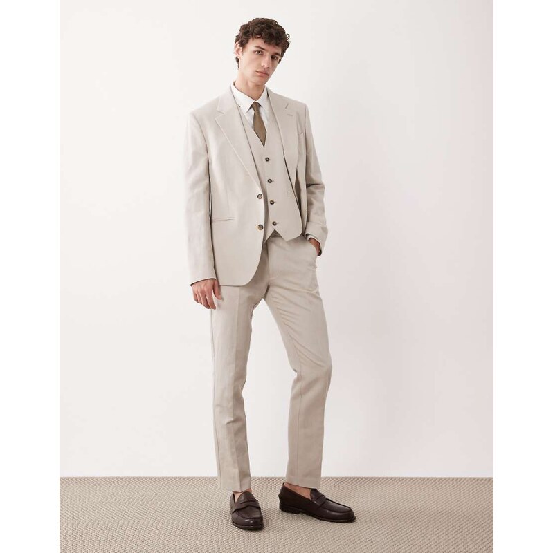 ASOS DESIGN slim suit trousers in linen rich stone twill-Neutral