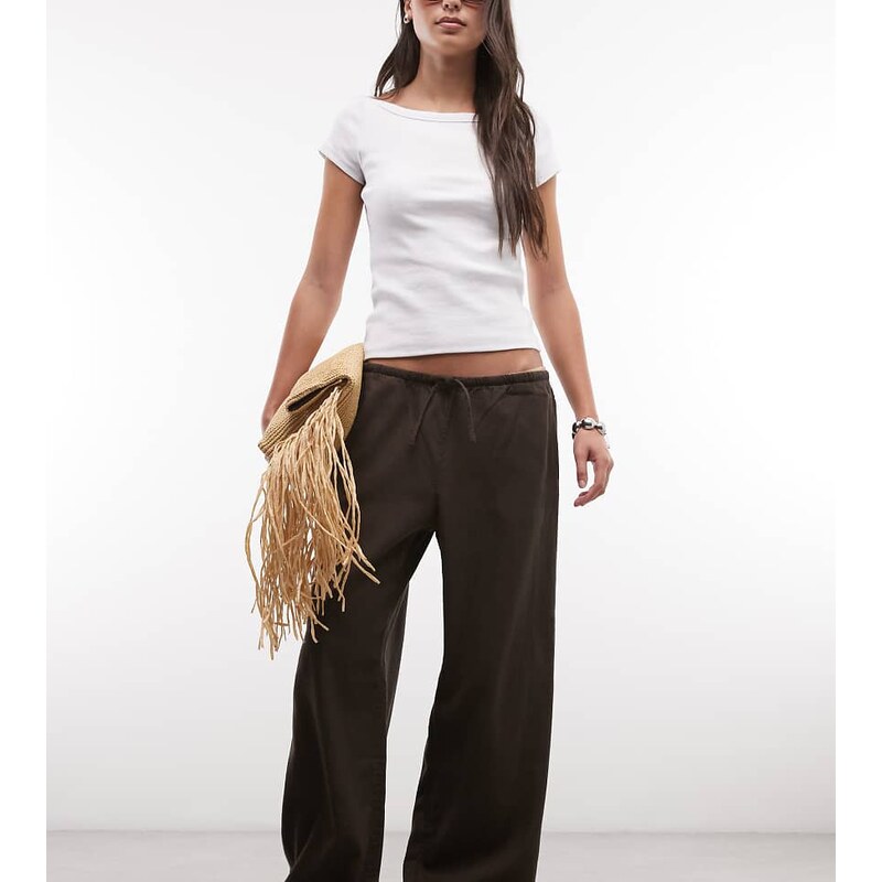 Weekday pull on linen mix wide leg trousers in chocolate brown 115497651