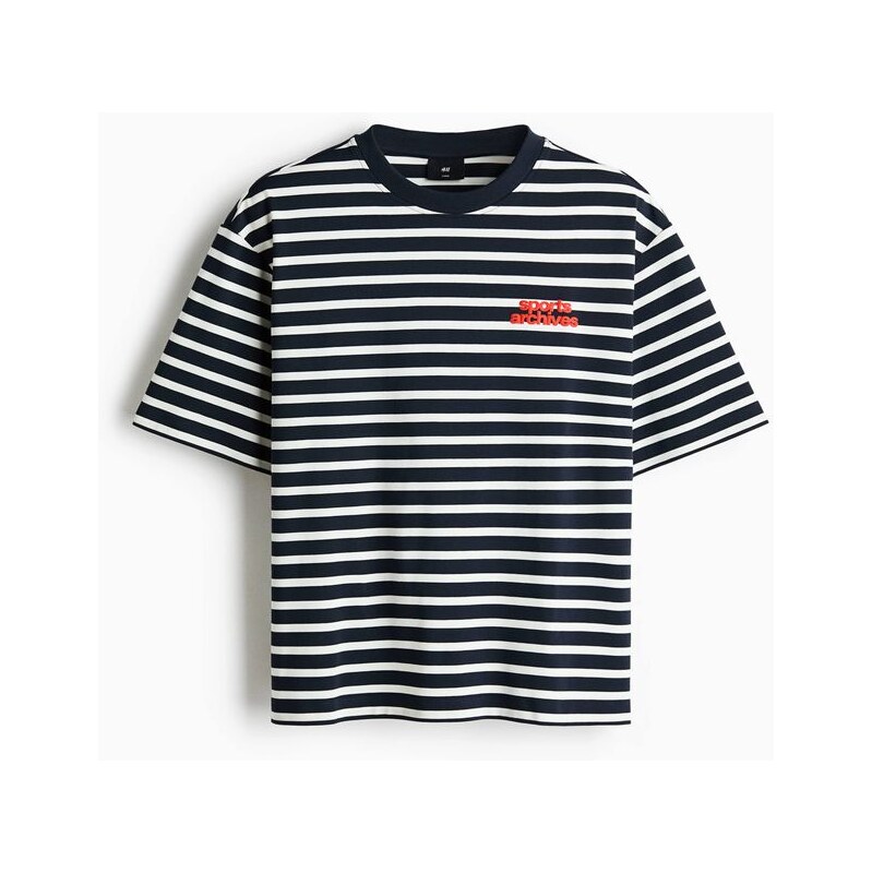 H&M - Bavlněné tričko Loose Fit - Námořnická Modř/Proužky