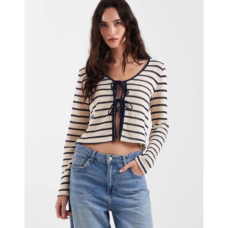 ONLY knit tie front cardigan in cream and blue stripe