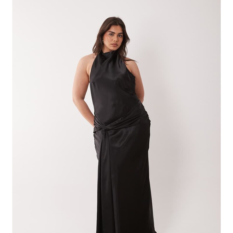 Forever New Curve halter satin maxi dress with knot front detail in 114120841