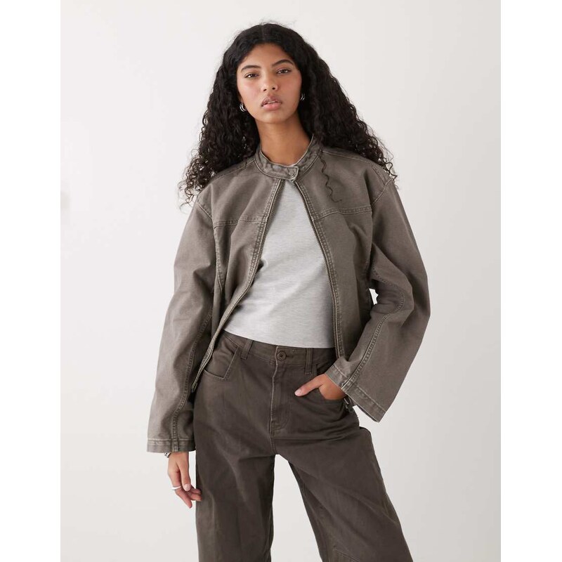 Weekday washed canvas zip through jacket in khaki-Green 114403763
