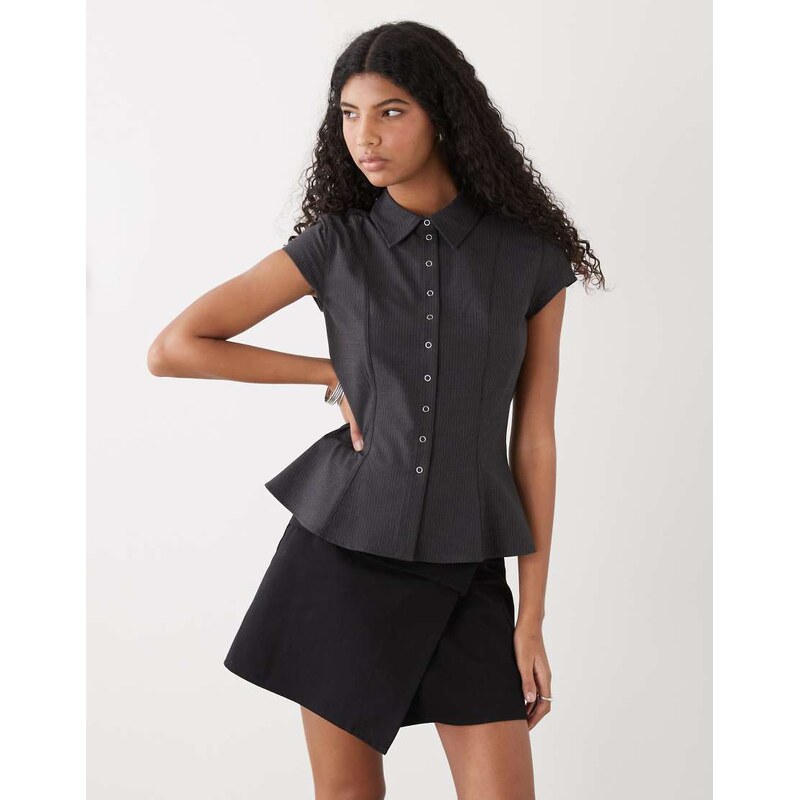 Weekday button through shirt top in grey melange pinstripe 114385274