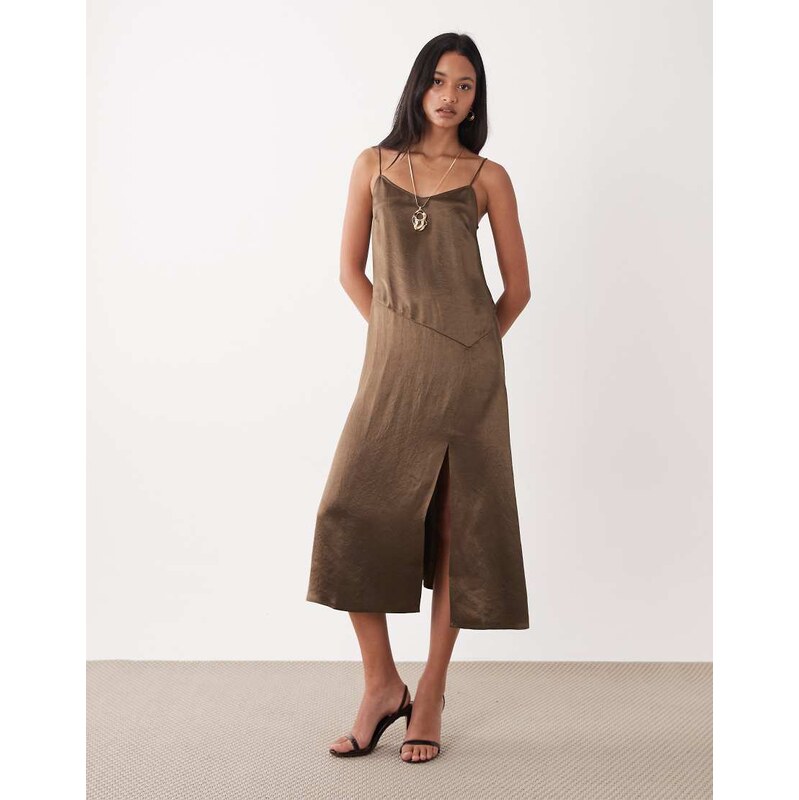 ARKET satin slip dress with slit in light brown-Neutral