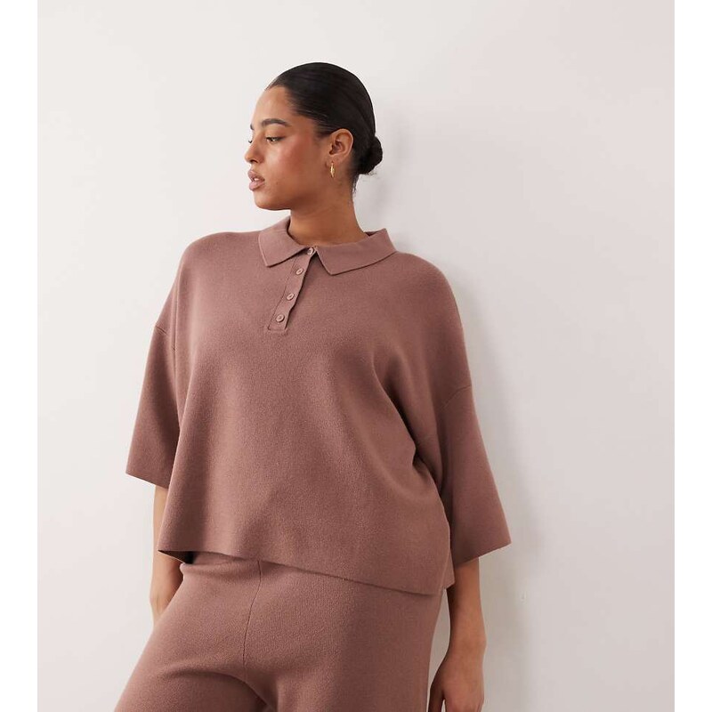 ASOS Curve ASOS DESIGN Curve boxy knitted polo in mocha-Brown 115516360