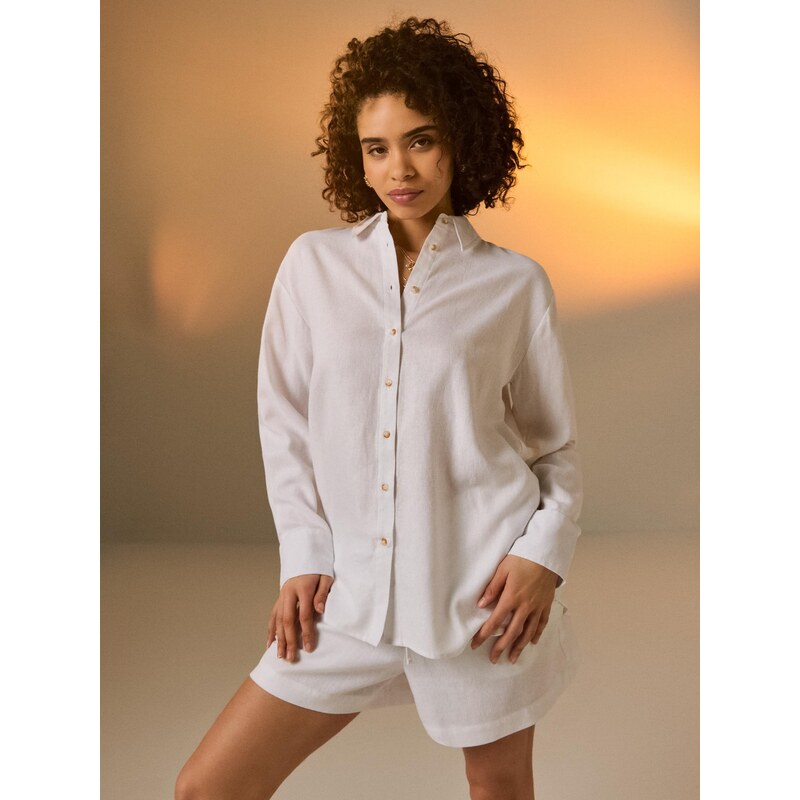 Sinsay - Košile oversized s příměsí lnu - bílá 114146386