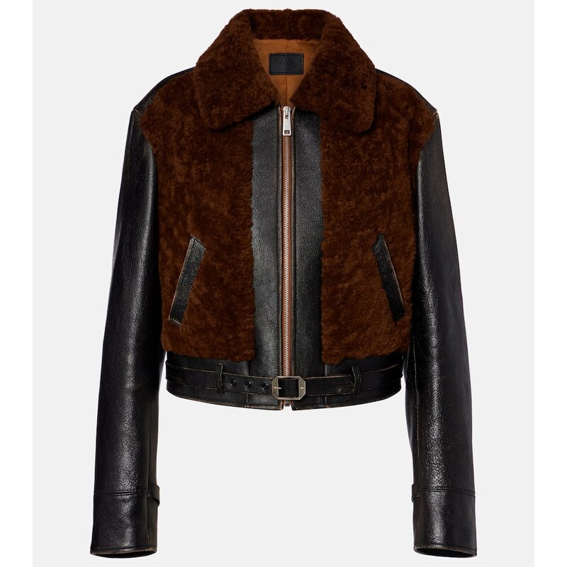 Prada Belted shearling-trimmed leather jacket