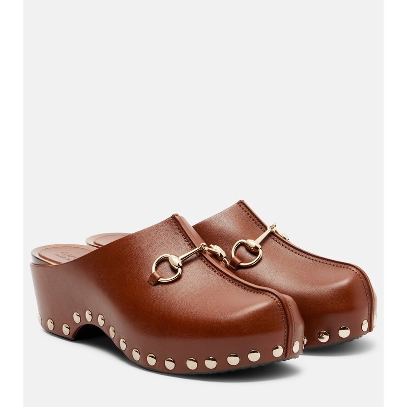 Gucci Horsebit studded leather platform clogs v barvě Peanut Brown