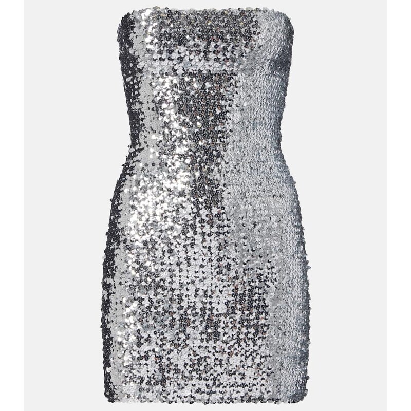 Gucci Sequined strapless minidress v barvě stříbrná