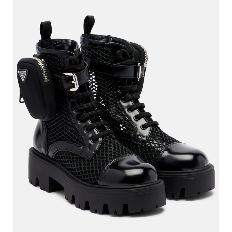 Prada Leather-trimmed mesh combat boots