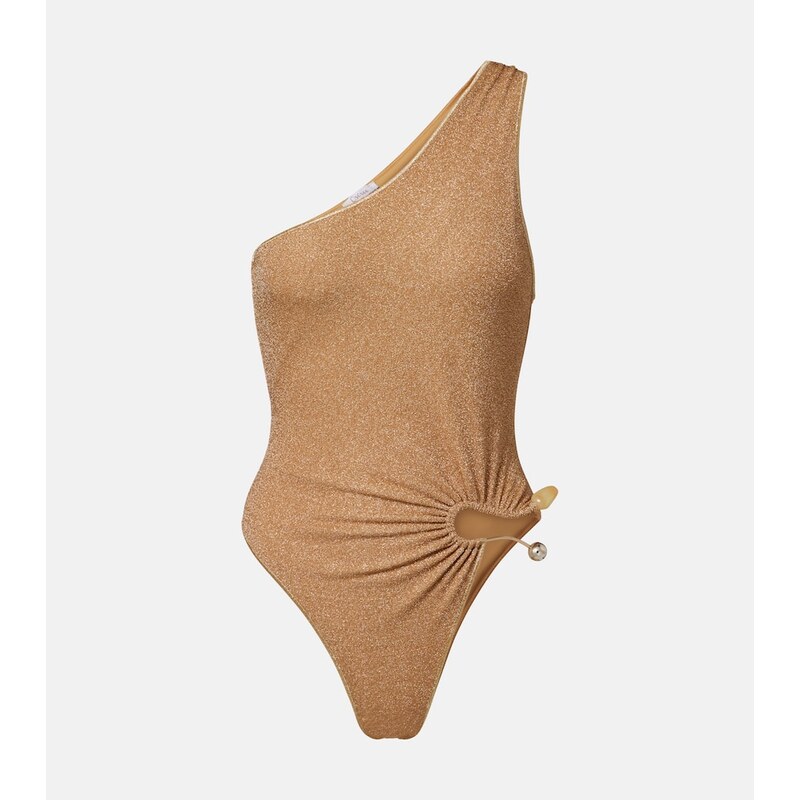 Oséree Embellished one-shoulder lamé swimsuit