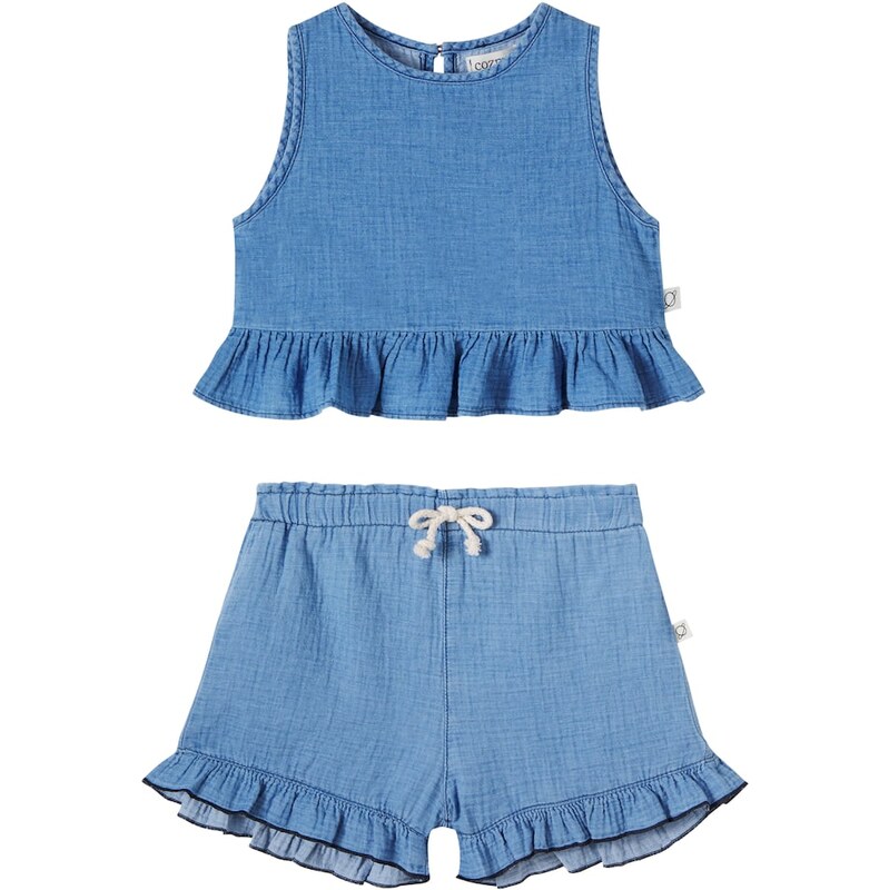 Cozmo Blair ruffled cotton chambray top and shorts set