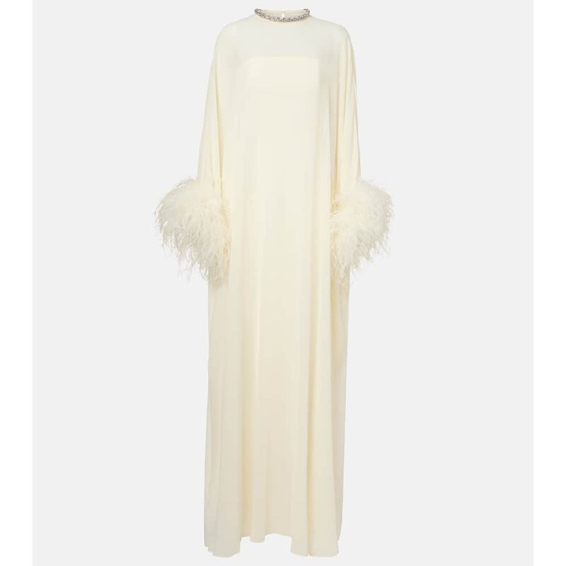 Roland Mouret Feather-trimmed caped silk chiffon gown