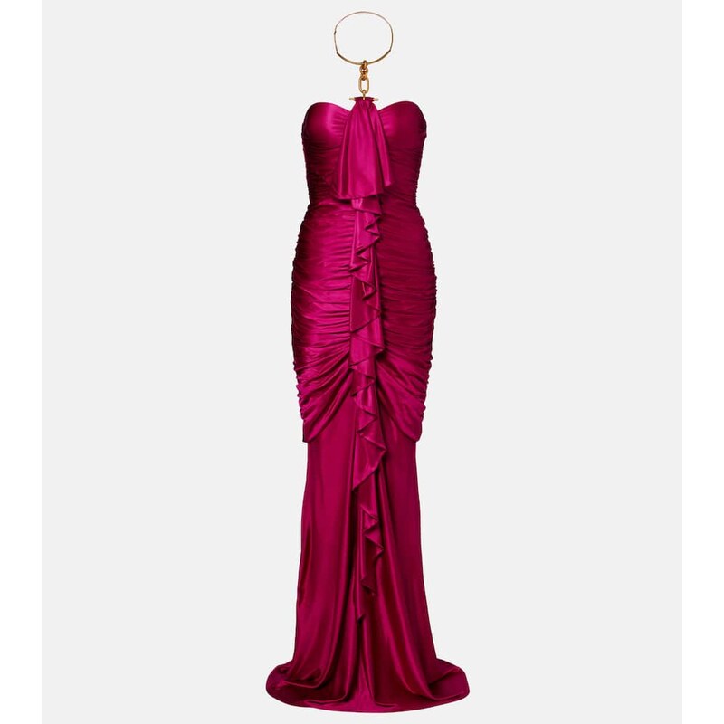 Balmain Draped ruffled satin bustier gown