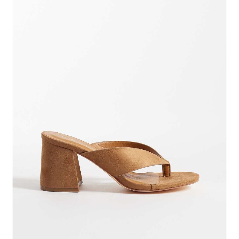 London Rebel Wide Fit Elle heeled thong sandal in mocha-Brown 115517935